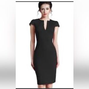 Black Gathered Cap Sleeve Dress with deep V-neck and Smooth Fit   size 20